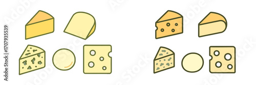 Various cheese varieties including wedges, blocks, and rounds with holes and solid forms for culinary design