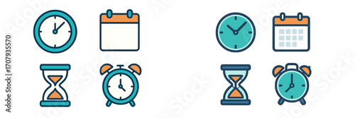 Essential time and date management symbols featuring wall clocks, alarm clocks, calendars, and hourglasses