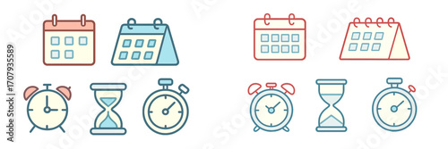Set of time and calendar icons with alarm clocks, hourglasses, stopwatches, and different calendar designs