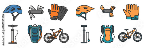 Bicycle accessories and equipment set including helmets, gloves, pump, backpack, multi-tool, and mountain bike