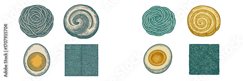 Detailed vintage engraving of ramen components including boiled egg, nori, and pasta for culinary design