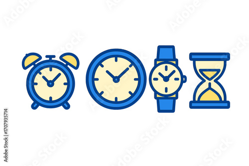 Diverse collection of timepieces including an alarm clock, wall clock, wristwatch, and hourglass, symbolizing time measurement, scheduling, and deadlines