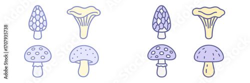 Seamless pattern featuring a diverse collection of stylized mushrooms, including morels, chanterelles, and various other fungi species