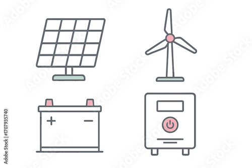 Sustainable energy generation and storage technology symbols including solar panel, wind turbine, battery, and power inverter