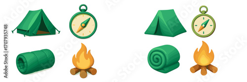 Outdoor adventure gear set featuring a green tent, navigational compass, cozy sleeping bag, and warm campfire