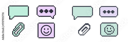 Digital pixel art icons for online messaging with speech bubbles, paperclip attachments, and smiley face emoticons