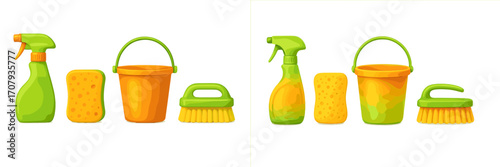 Vibrant household cleaning tools set featuring a green spray bottle, yellow sponge, orange bucket, and scrub brush
