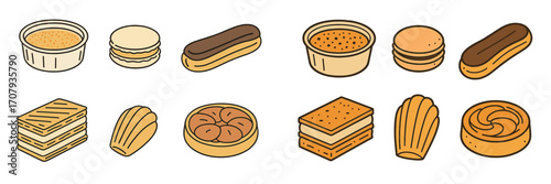 Delicious assortment of classic French pastries and sweet desserts, featuring popular treats like colorful macarons, delicate eclairs, and rich creme brulee