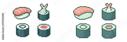 Assortment of fresh Japanese sushi and maki rolls including nigiri with salmon and shrimp, and various maki types, presented in a clean and appealing layout