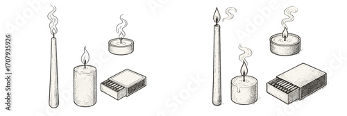 Isometric set of taper, pillar, and tea light candles, some burning with flame, others extinguished with smoke, next to an open matchbox