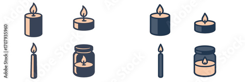 Collection of various burning candles with glowing flames, including pillar, taper, tea light, and jar candles