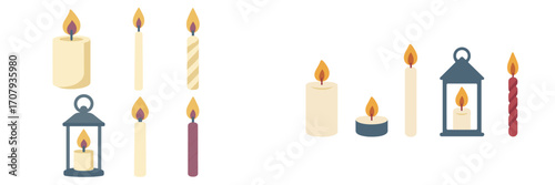 Decorative burning candles in various styles, including classic pillar, slender taper, and small tea light, accompanied by elegant lanterns