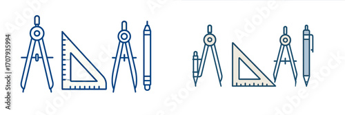 Professional drafting tools including compasses, set squares, and pencils for technical drawing and engineering design
