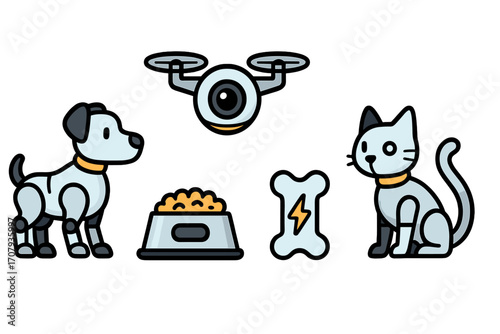 Advanced pet care technology featuring a drone, a domestic dog, a cat, a food bowl, and a smart bone