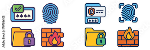 Digital security and data protection icons set with authentication, firewall, and secure folder symbols