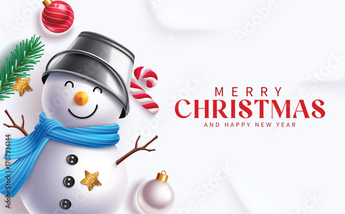 Cute snowman illustration with a blue scarf, bucket hat, candy canes, ornaments, and stars, with Merry Christmas and Happy New year greeting text in snowy background vector illustration.