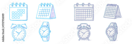 Hand-drawn calendar, alarm clock, and wristwatch icons illustrating time management and scheduling concepts