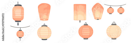 Diverse collection of traditional Asian decorative lanterns and illuminated sky lanterns in various shapes and sizes
