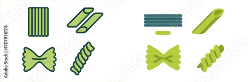 Diverse selection of uncooked pasta varieties in stylized green and blue-green tones for culinary designs