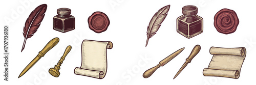 Vintage writing tools set with quill pen, inkwell, wax seal, and parchment scroll for historical communication