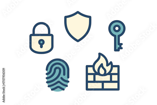 Modern digital security and data protection concepts featuring padlock shield key fingerprint and firewall