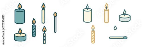 Diverse collection of lit and unlit candles in different shapes and sizes, with a matchstick, symbolizing warmth and light