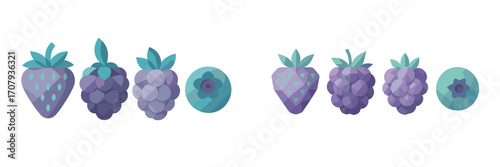 Vibrant collection of fresh berry fruits including strawberries, blueberries, and blackberries with geometric facets design
