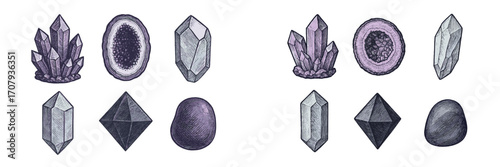 Assortment of raw and cut crystals, including a geode, showcasing diverse mineral formations and precious stones