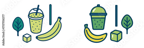 Nutritious green smoothie ingredients including banana, spinach, and ice cubes, presented with a prepared drink in a cup with a straw