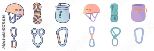 Collection of essential climbing equipment including safety helmets, coiled ropes, chalk bags, and metal carabiners