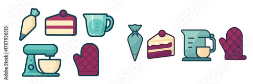 Assortment of baking tools and dessert items like mixer, cake, measuring cup, and oven mitt for culinary use