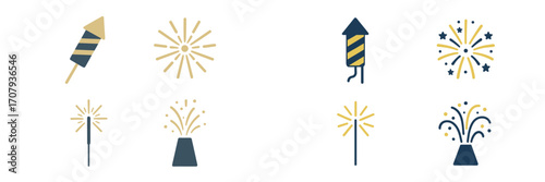 Vibrant assortment of festive fireworks and sparkler icons for celebration events, holidays, and party designs