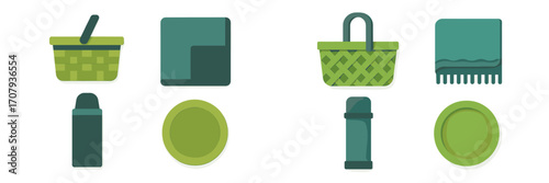 Stylized green and teal picnic accessories set featuring baskets, folded blankets, thermoses, and round plates