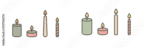 Assortment of lit candles with glowing flames, including pillar, votive, and taper designs for decorative purposes and festive occasions
