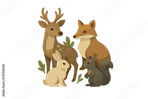 Charming forest wildlife animals in a layered paper cut style featuring a deer, fox, rabbit, and squirrel