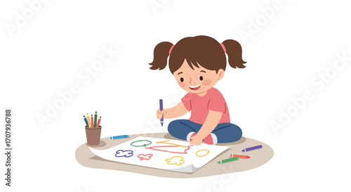 A cute little girl with pigtails sitting on the floor, happily drawing colorful shapes on a large piece of paper with crayons.