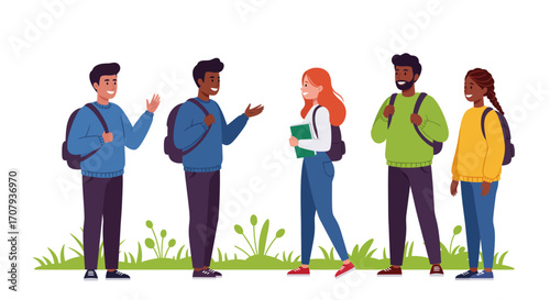 A diverse group of five young students with backpacks standing together and talking outdoors on a grassy area.