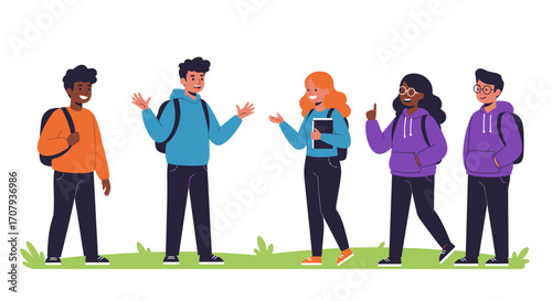 A diverse group of five teenage students with backpacks talking and socializing together outdoors on the grass.