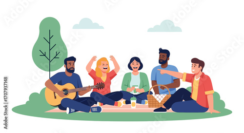 Group of diverse people enjoying a picnic in a park.