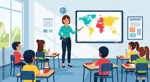 Teacher instructing students in a classroom, pointing to a world map on a whiteboard. Children are seated at desks, engaged in learning.