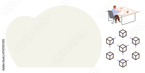 Professional working at desk with documents, large cloud shape, interconnected cube grid. Ideal for teamwork, cloud computing, data analysis, distributed networks, digital innovation, project