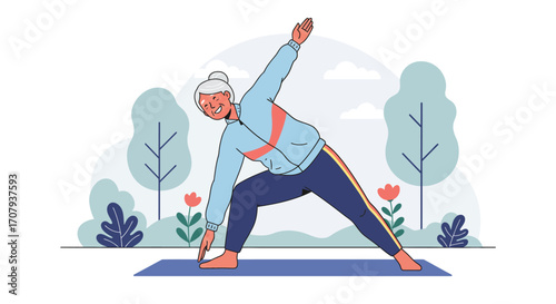 Senior woman in sportswear doing the triangle yoga pose on a mat outdoors in a park.
