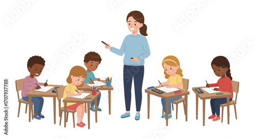 A female teacher stands and instructs a diverse group of young elementary students sitting at their desks and writing.