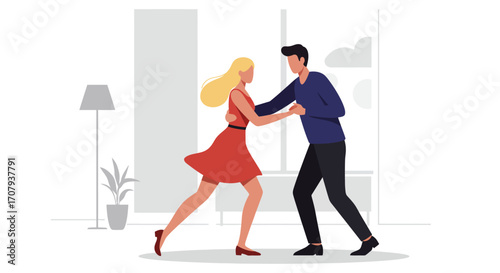 A young couple happily dancing together indoors, the woman in a red dress and the man in a blue shirt.