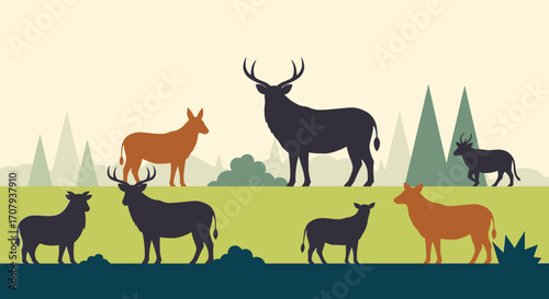 Group of various mammals in a field.