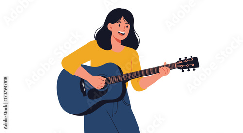 A cheerful young woman with dark hair wearing a yellow shirt happily playing a blue acoustic guitar.