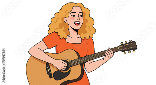 A cheerful young woman with curly blonde hair sings and plays an acoustic guitar, isolated on a white background.