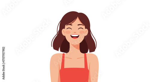 A joyful young woman with short brown hair laughing happily with her eyes closed.
