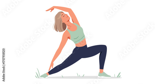 A young woman with blonde hair practices a side angle yoga pose outdoors, wearing athletic apparel. Vector illustration on a white background.