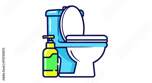 Cartoon Illustration of a Toilet with a Cleaning Solution Bottle for Hygiene